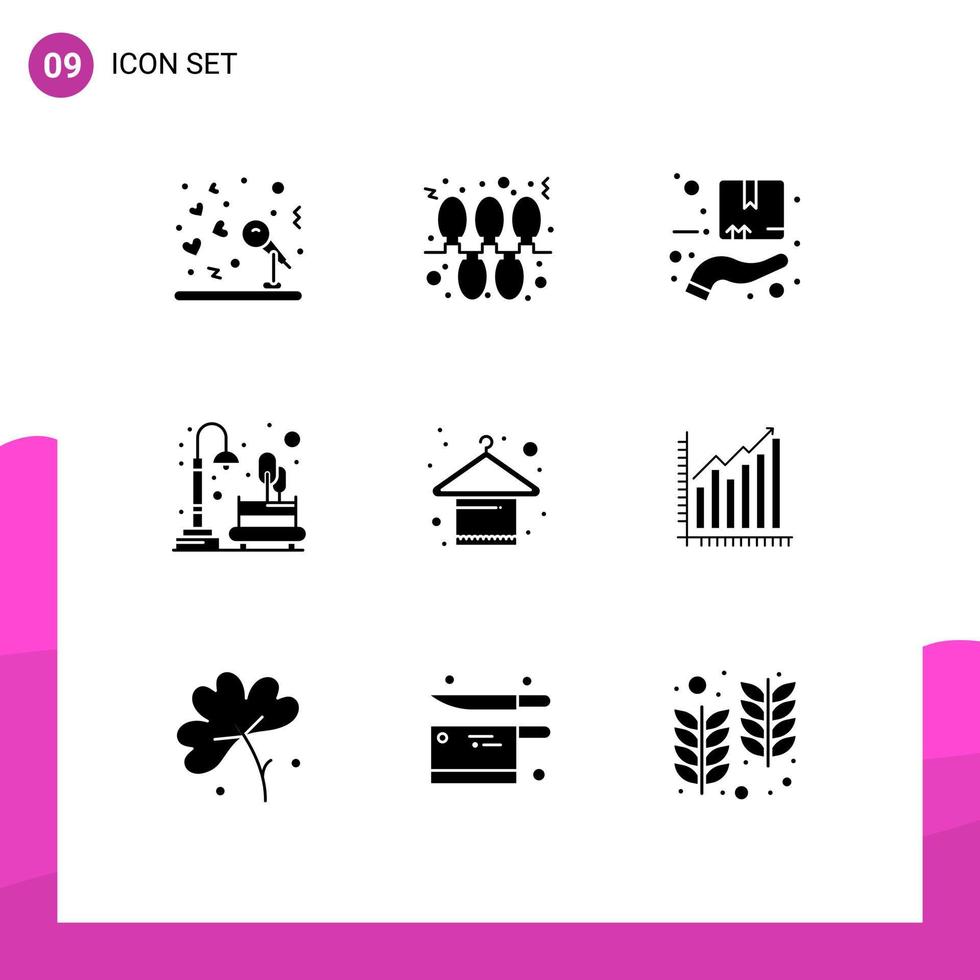 Mobile Interface Solid Glyph Set of 9 Pictograms of clothes park protection night city Editable Vector Design Elements