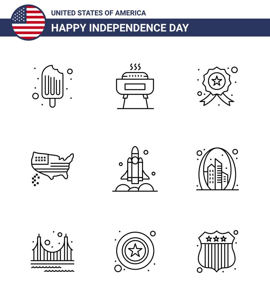 Editable Vector Line Pack of USA Day 9 Simple Lines of rocket usa badge thanksgiving american Editable USA Day Vector Design Elements