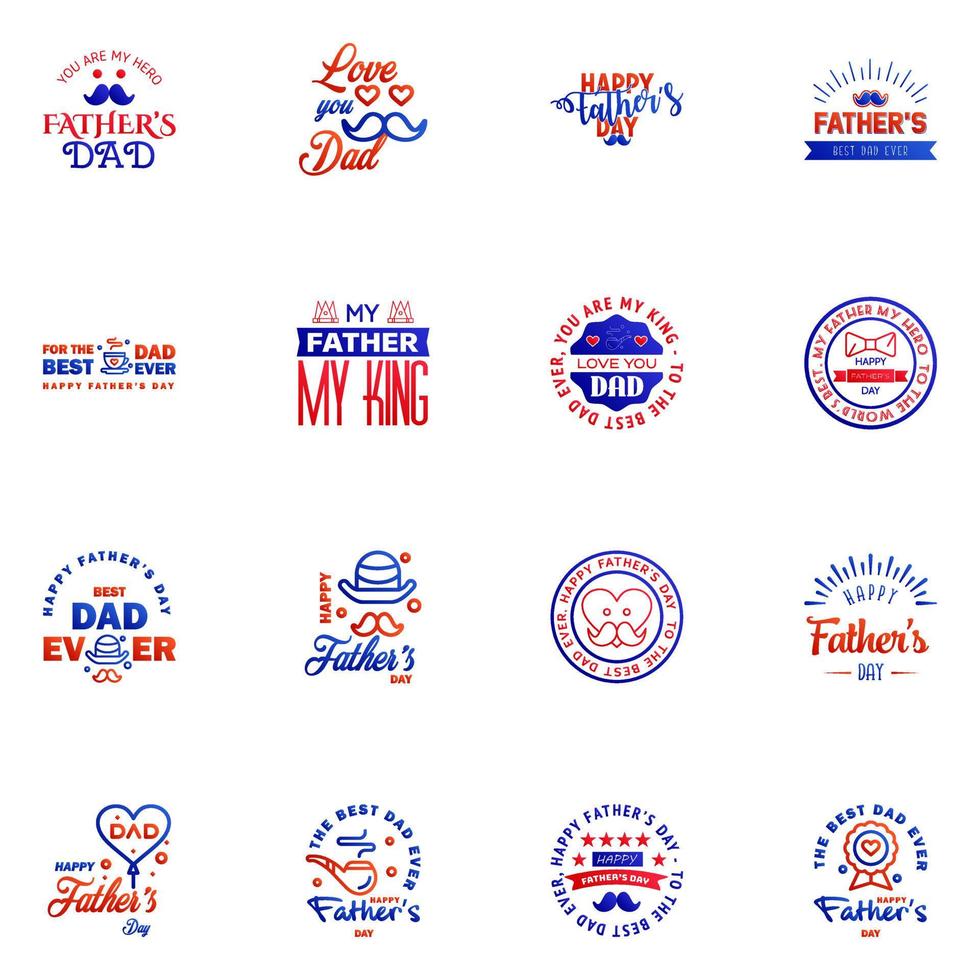 Fathers Day Lettering 16 Blue and red Calligraphic Emblems Badges Set Isolated on Dark Blue Happy Fathers Day Best Dad Love You Dad Inscription Vector Design Elements For Greeting Card and Other