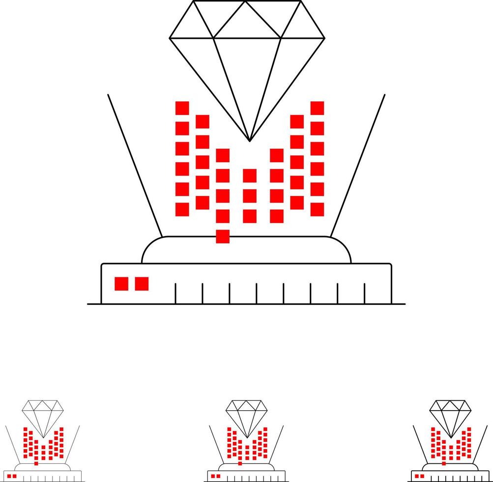 Hologram Projection Technology Diamond Bold and thin black line icon set vector