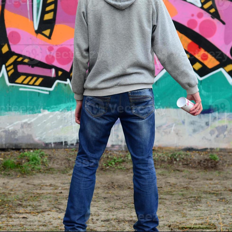 A young graffiti artist in a gray hoodie looks at the wall with photo