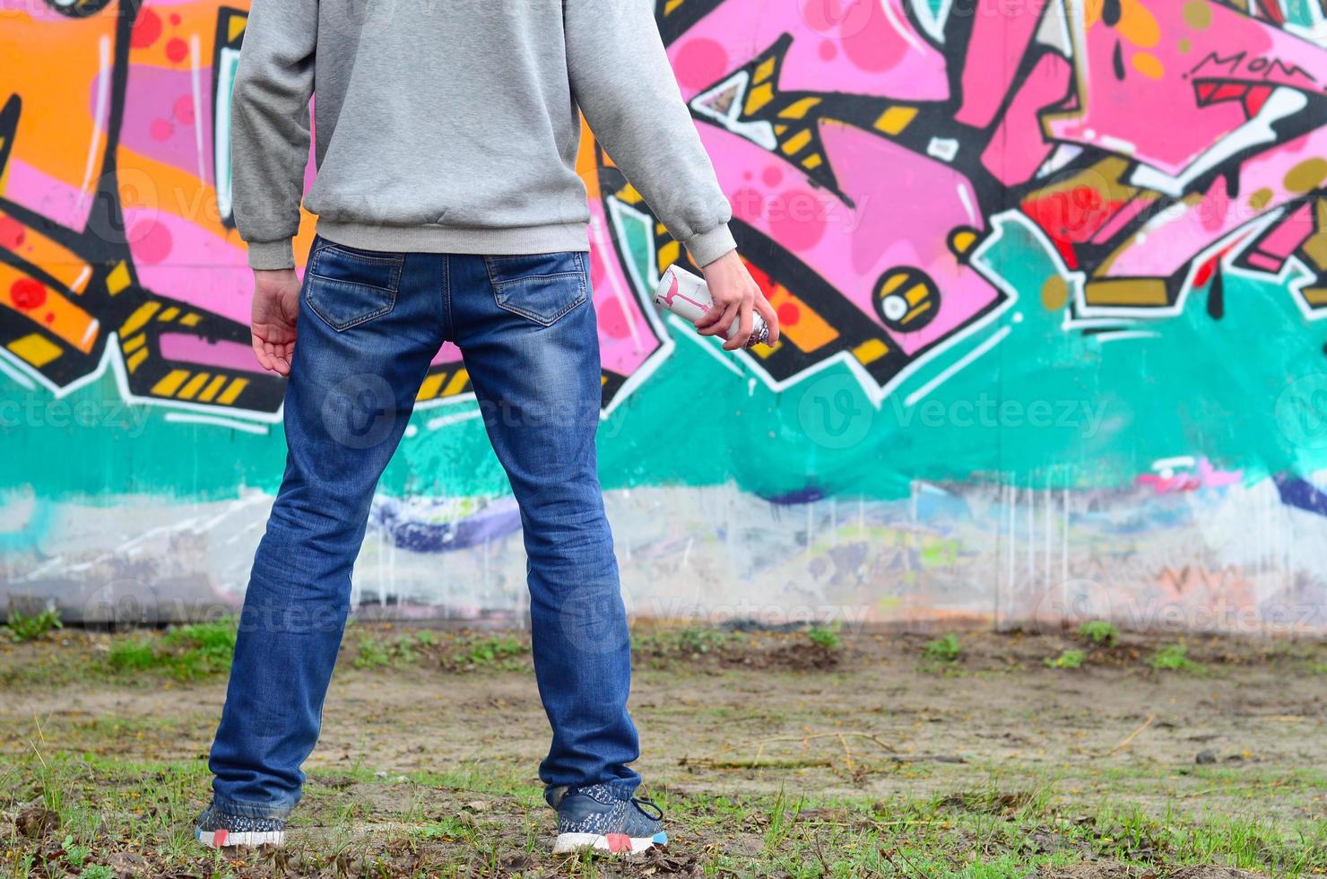 A young graffiti artist in a gray hoodie looks at the wall with photo