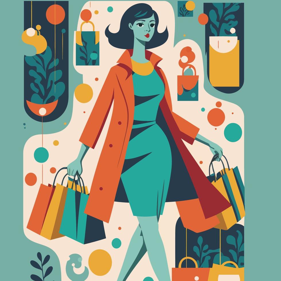 mujer de moda que lleva bolsas de compras. concepto de adicción a las compras, ilustración de estilo plano de vector adicto a las compras