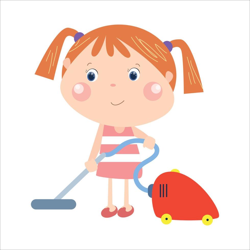 little girl cleaning dust with a vacuum cleaner vector