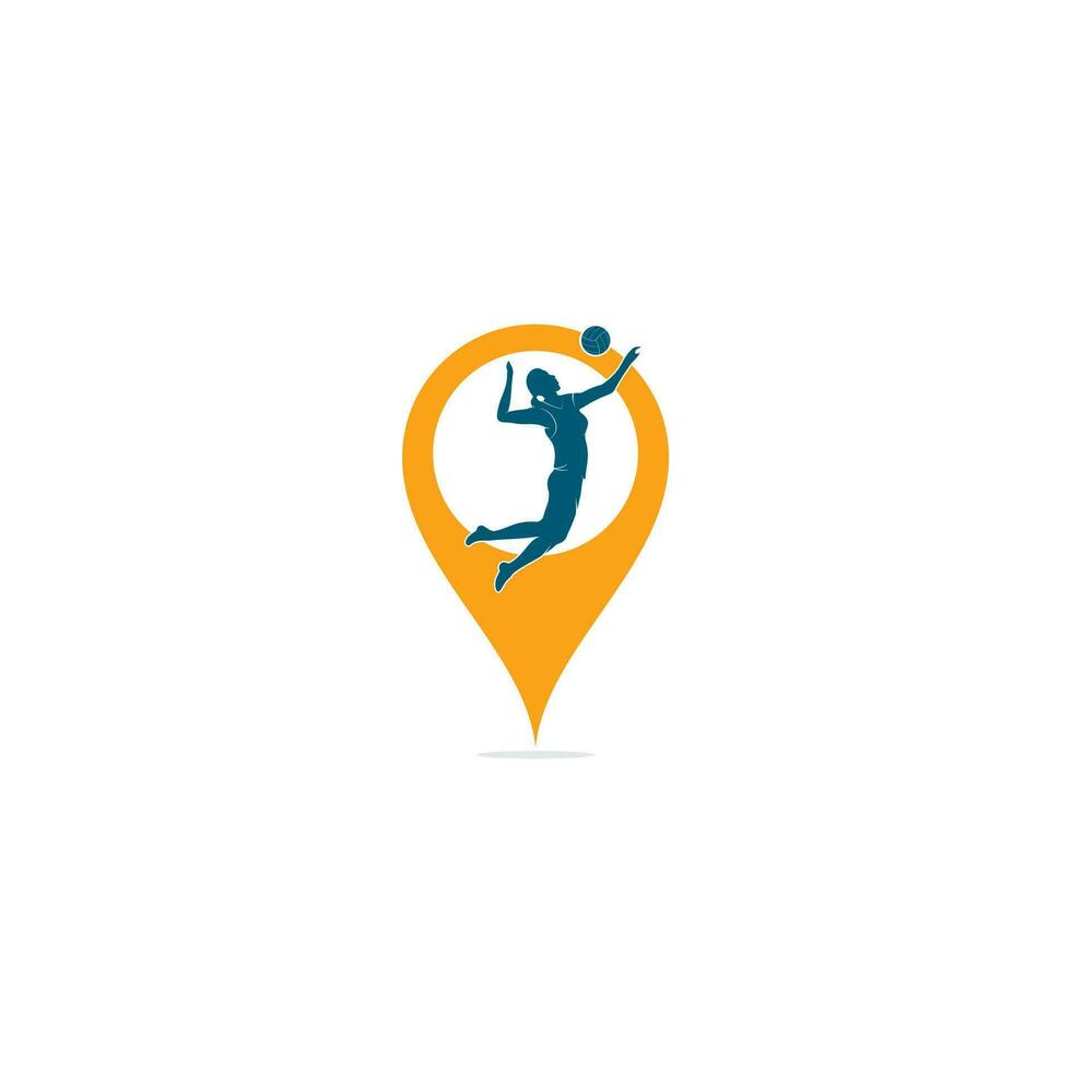 female volleyball player map pin shape concept logo.Abstract volleyball player jumping from a splash. Volleyball player serving ball. vector