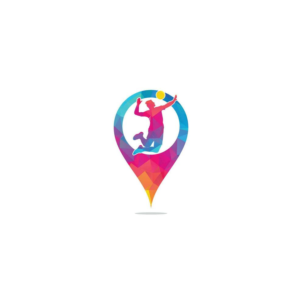 Volleyball player map pin shape concept logo. Abstract volleyball player jumping from a splash. Volleyball player serving ball. vector