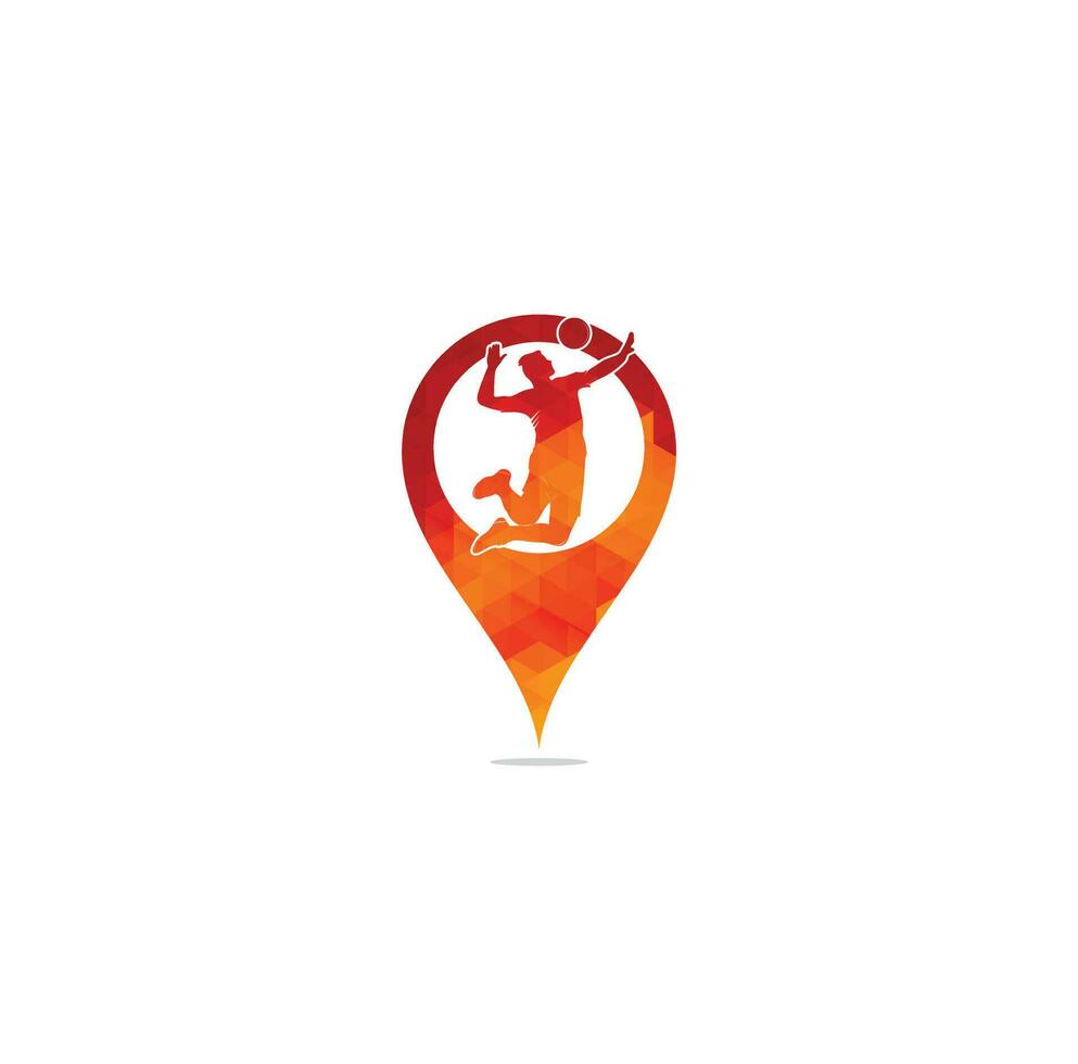 Volleyball player map pin shape concept logo. Abstract volleyball player jumping from a splash. Volleyball player serving ball. vector