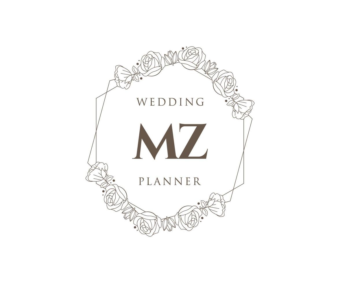 MZ Initials letter Wedding monogram logos collection, hand drawn modern minimalistic and floral templates for Invitation cards, Save the Date, elegant identity for restaurant, boutique, cafe in vector