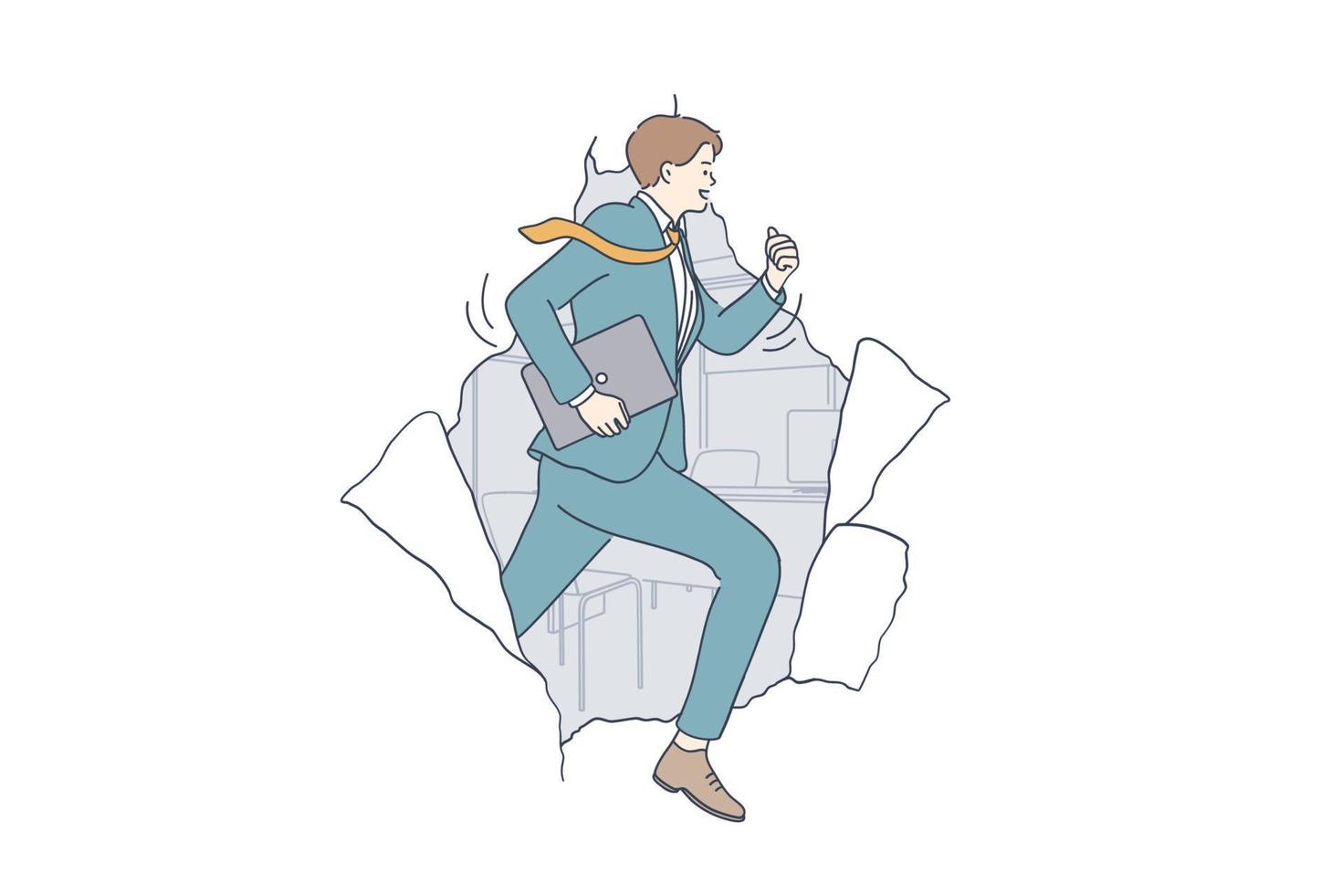Success, achieving goals, business leadership concept. Young smiling businessman running making breakthrough paper hole achieving targets at work in career and business illustration vector