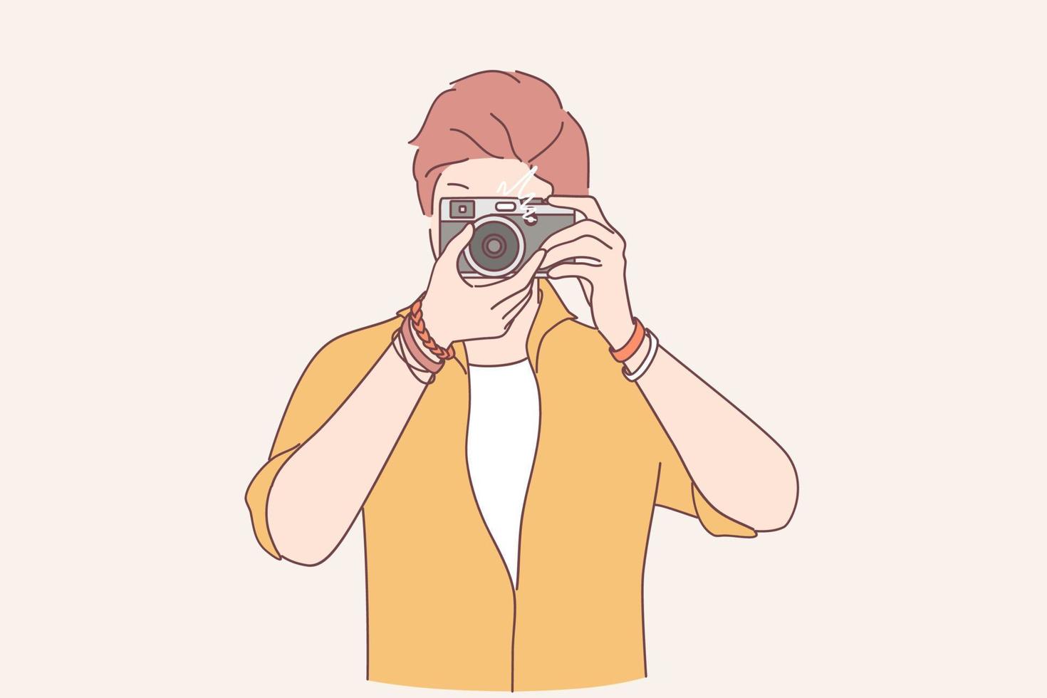 Creativity, photograph, artist concept. Young man freelancer photographer cartoon character standing making shot to camera vector illustration