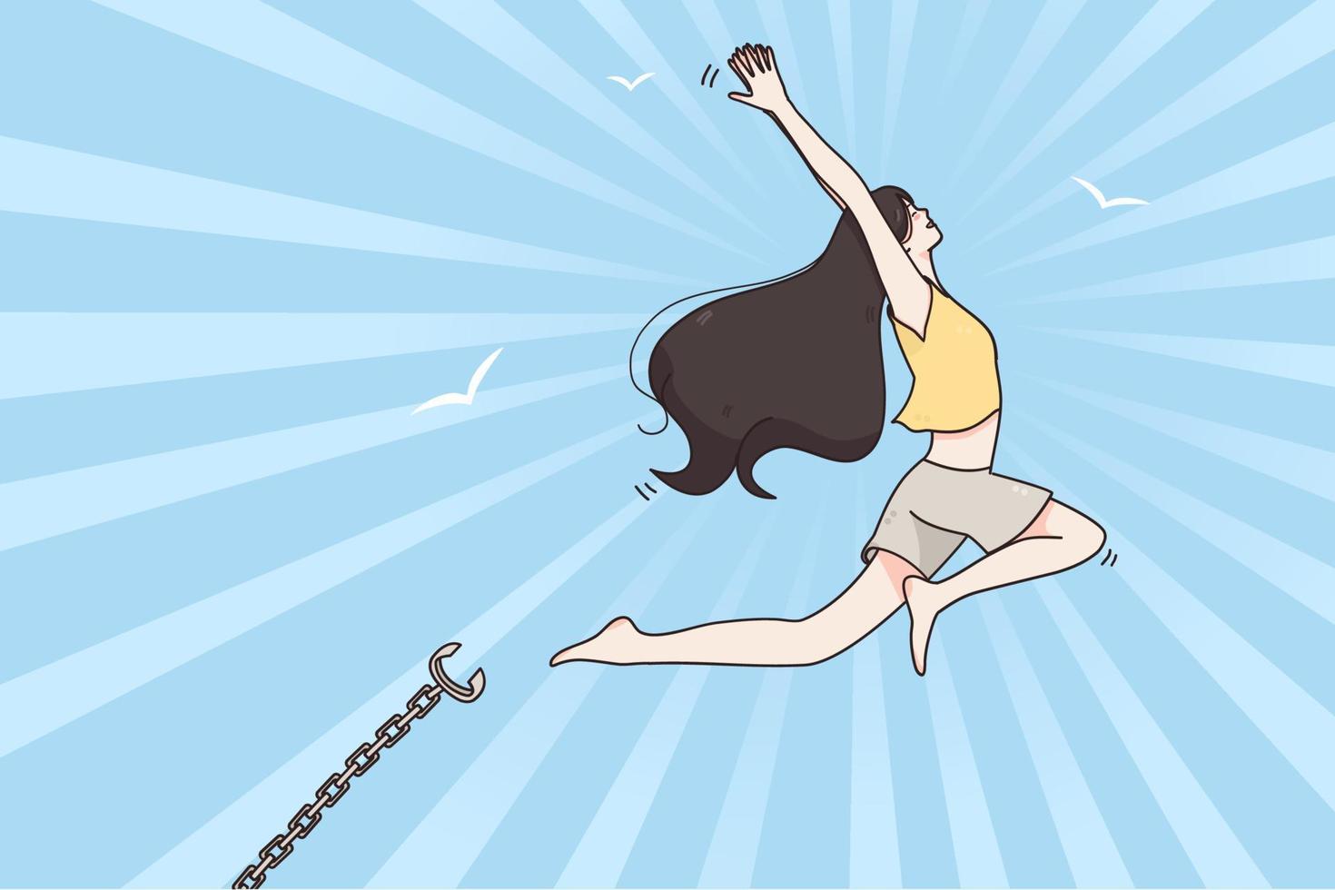 Slave trade and abolition International day remembrance concept. Positive female jumping out of broken metal chains with hands raised up feeling happy over blue sky illustration vector