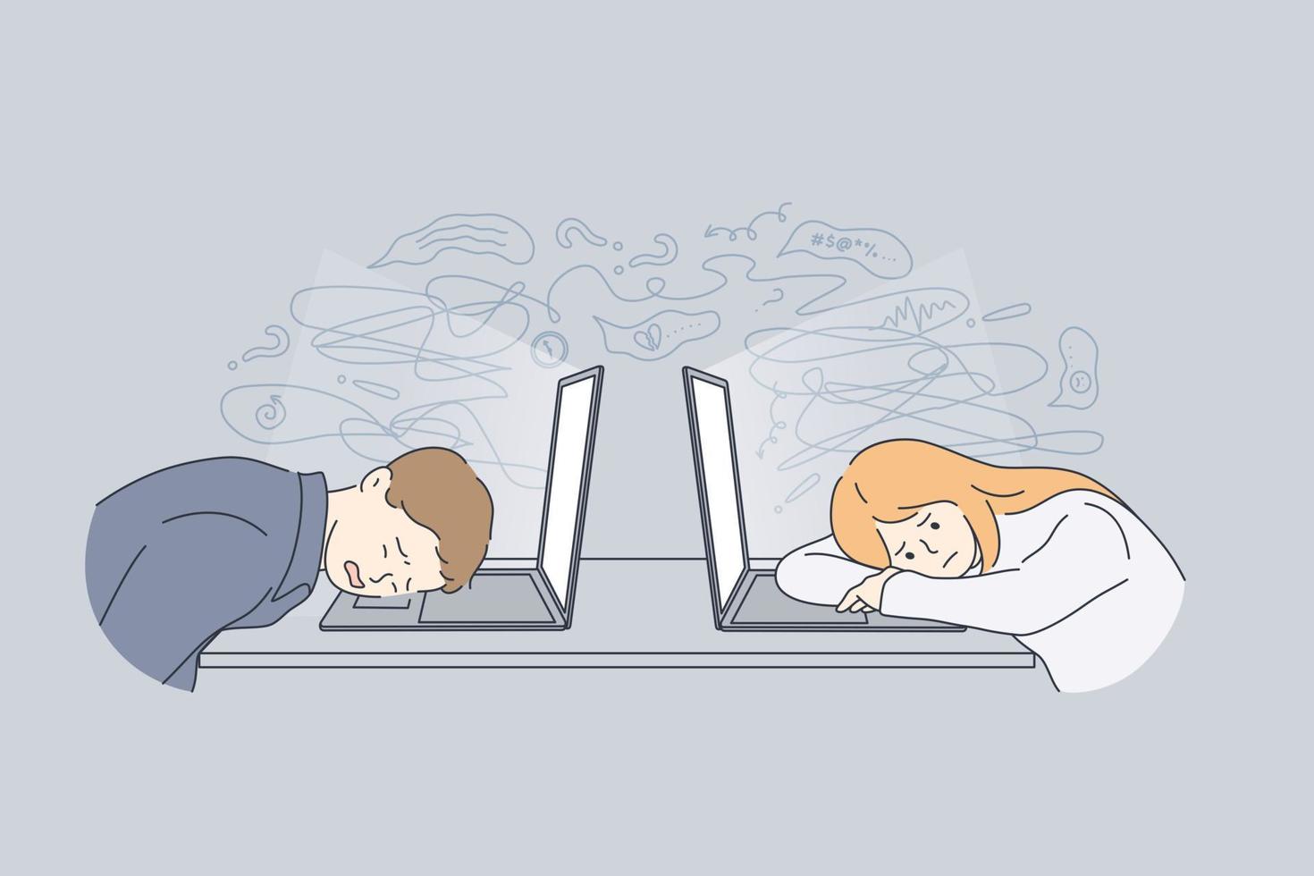 Stress, tiredness, burnout concept. Overworked exhausted office workers lying on laptops feeling tired and burnt out in office at work vector illustration