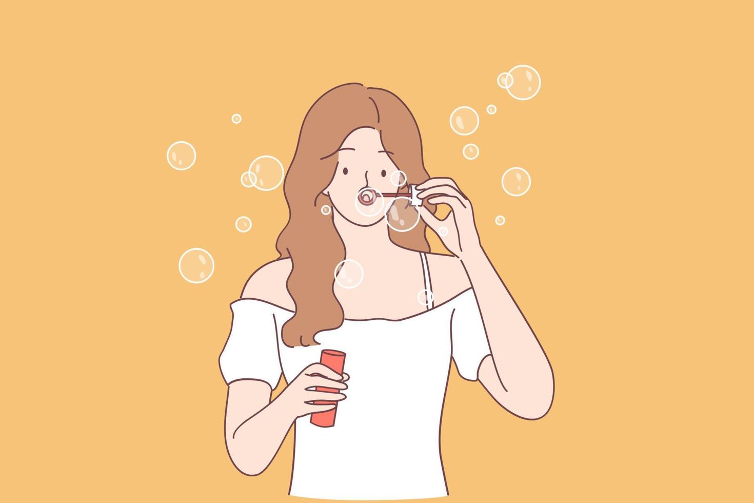 Having fun, summer, leisure concept. Positive young pretty girl standing playing with air bubbles blowing air bubble toy like little child, having fun on sunny day outdoor vector illustration