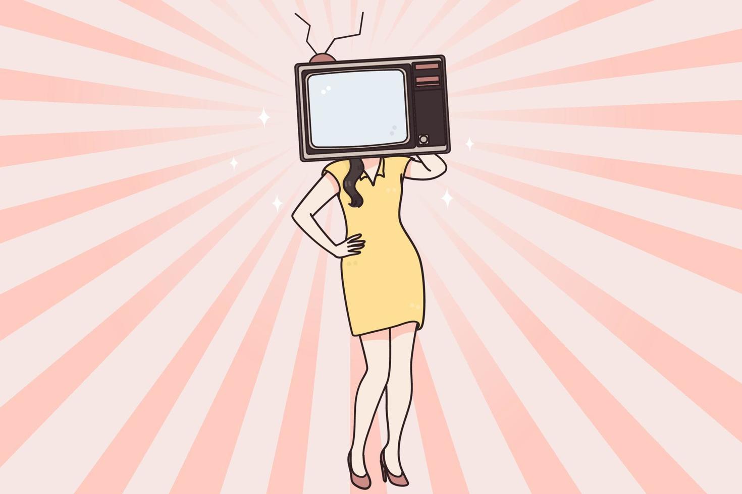 propaganda en televisión, lavado de cerebro de televisión, concepto de manipulación de los medios de comunicación. mujer adicta vestida con televisión vieja con pantalla en lugar de cabeza sintiendo ilustración de vector de control de propaganda