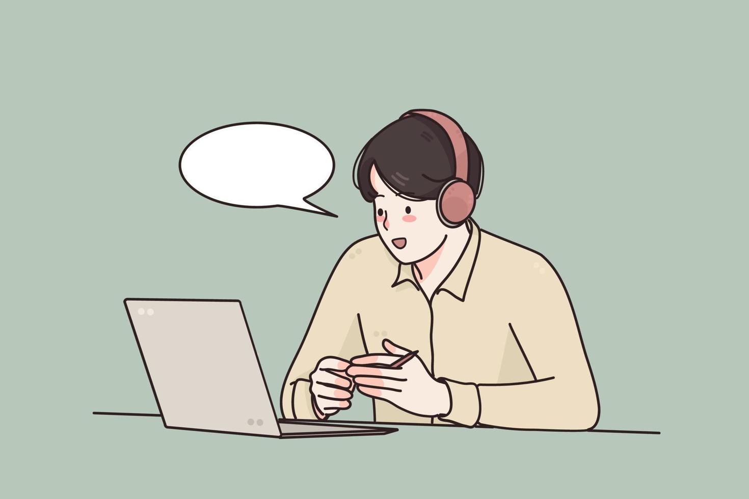 Video call, online class, remote communication concept. Focused young man worker in headphones having video call with clients on laptop or giving online educational class lecture vector illustration