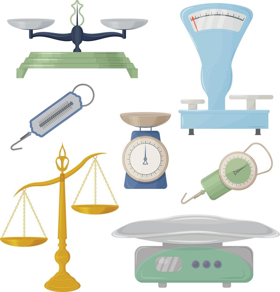 A large set with the image of scales of various shapes and purposes. Vintage store scales of various shapes. Vector illustration isolated on a white background