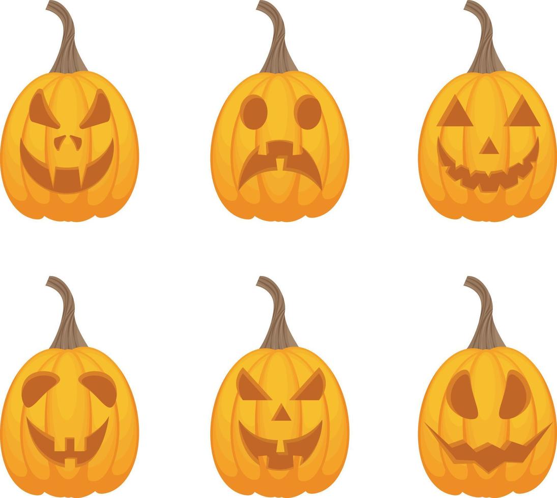 un conjunto festivo brillante con la imagen de calabazas jack-o-lantern. las calabazas son un símbolo de la festividad de halloween con varias emociones. el naranja es un atributo del día de todos los santos. ilustración vectorial vector