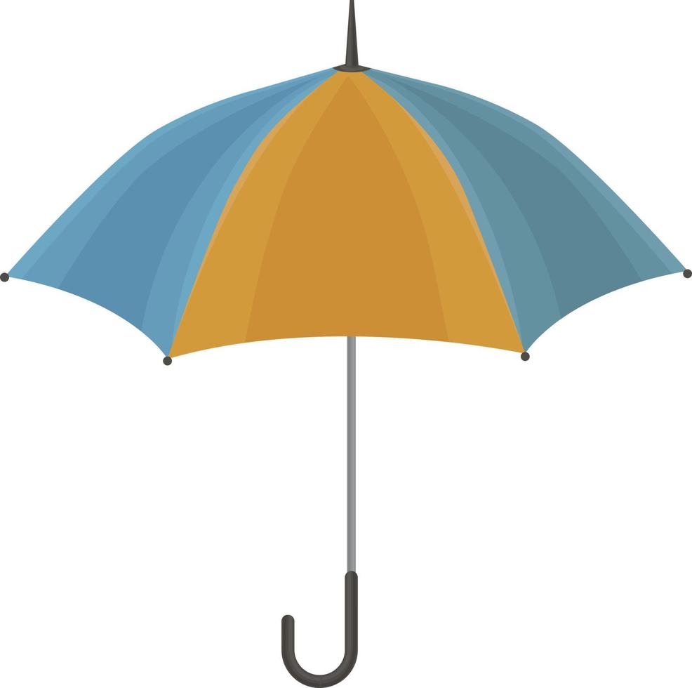 A bright multi-colored umbrella of orange and blue color with a brown handle. An accessory for protection from rain and bright sun. An umbrella for walking in rainy weather. Vector illustration