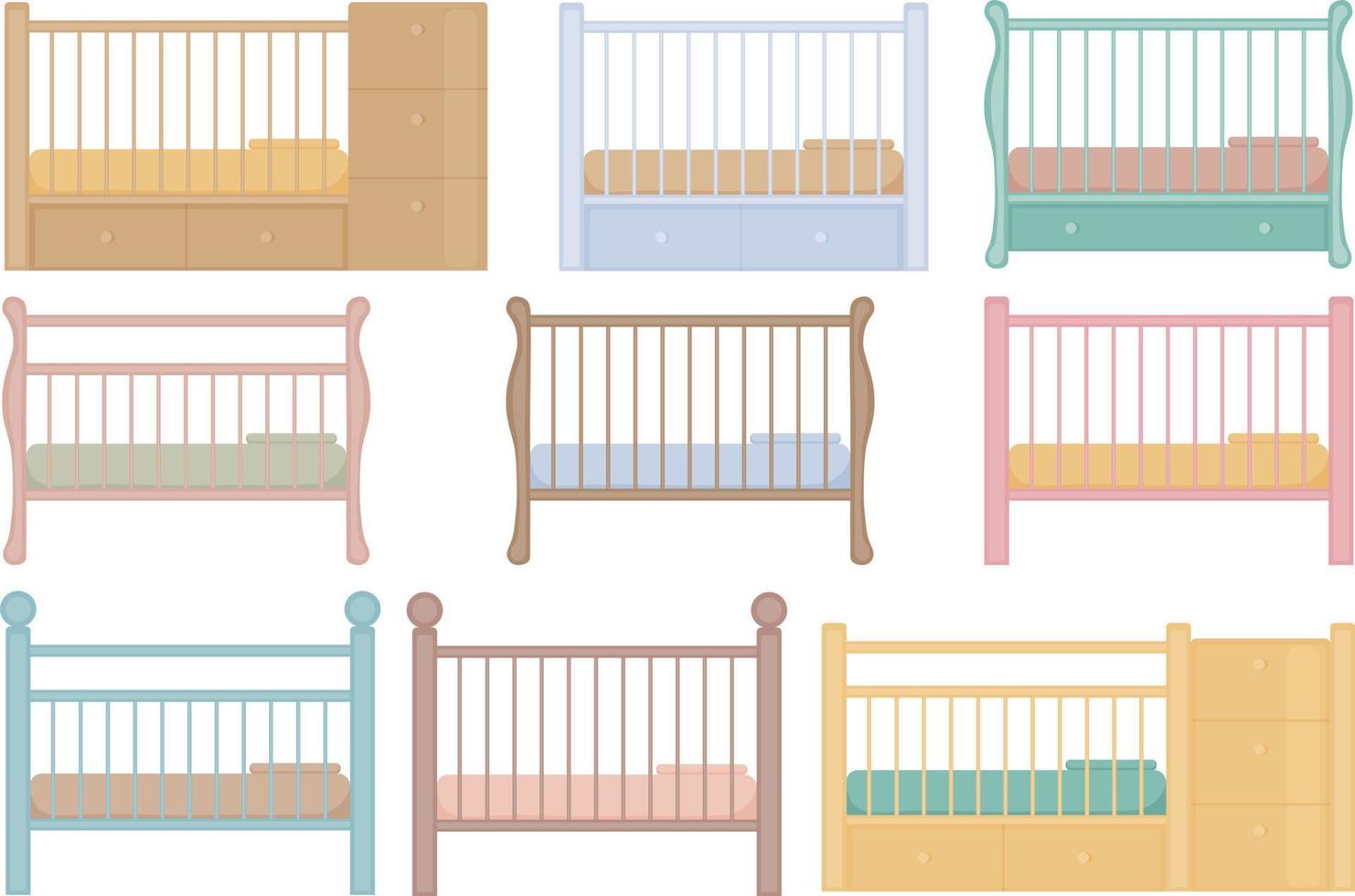 A large set of cots in different colors. Wooden baby cots with