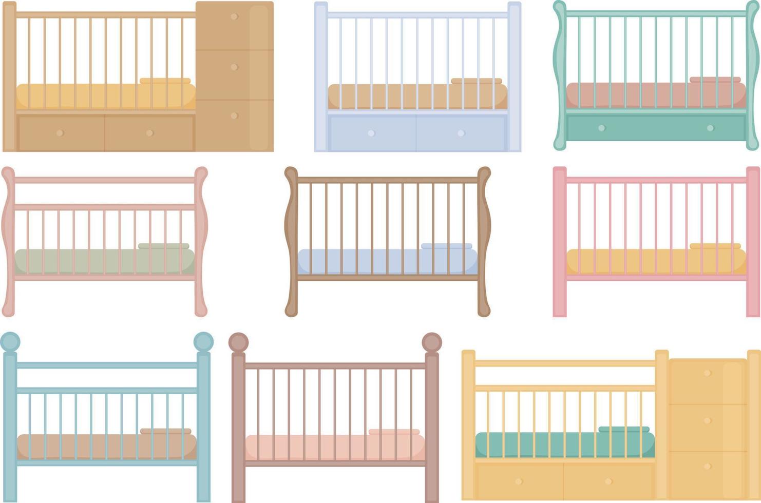 A large set of cots in different colors. Wooden baby cots with mattresses and pillows. Collection of cribs for kids in cartoon style. Vector illustration