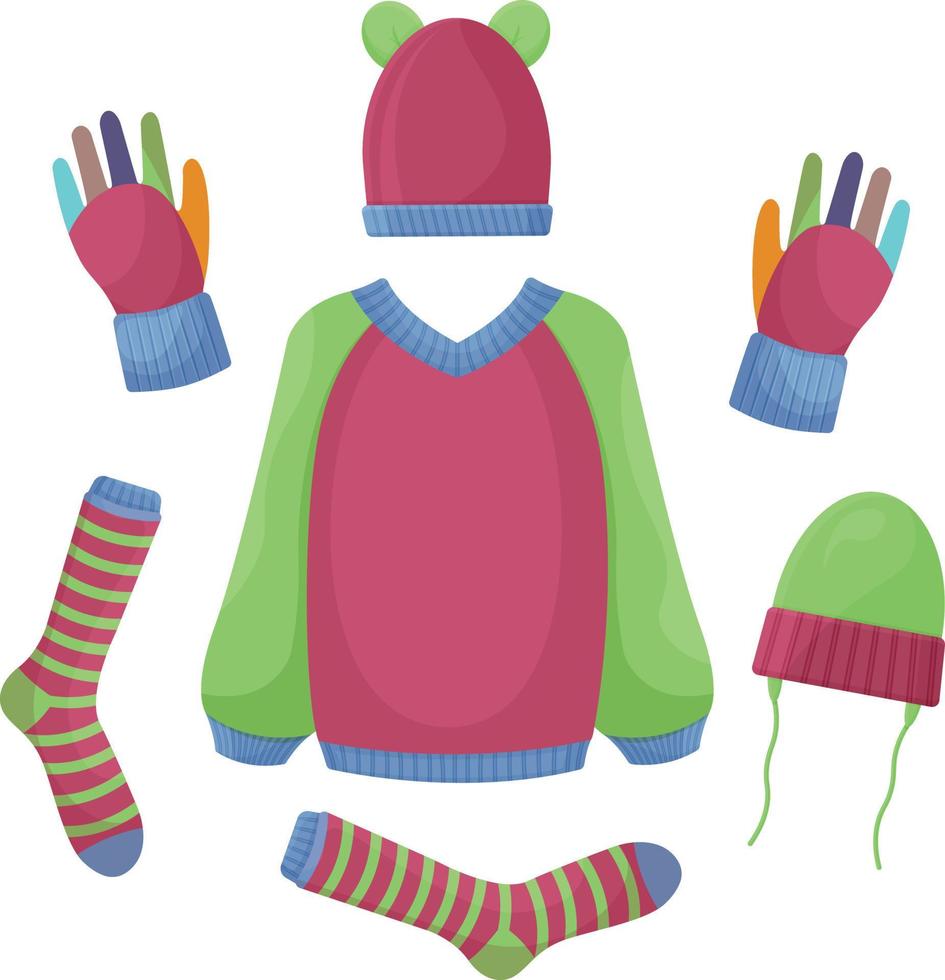 un conjunto de ropa abrigada de otoño, como un suéter, guantes, calcetines abrigados y sombreros rojos y verdes. conjunto de ropa otoño-invierno para caminar con tiempo frío. ilustración vectorial sobre un fondo blanco vector