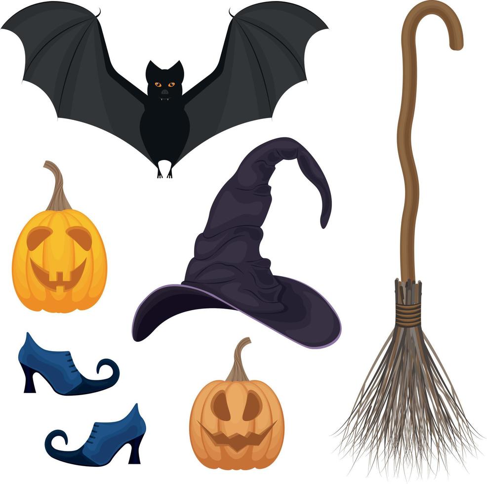 A festive set with Halloween symbols, such as a pumpkin lantern, a witch s broom, witch boots, a bat,and a witch s hat, as well as pumpkins with creepy smiles. Vector illustration