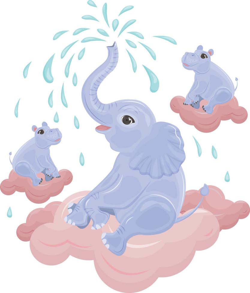 una brillante y linda ilustración infantil de cuento de hadas con la imagen de lindos hipopótamos azules y un elefante bebé volando sobre nubes rosas. lindos animales rodeados de estrellas. ilustración infantil para una impresión vector