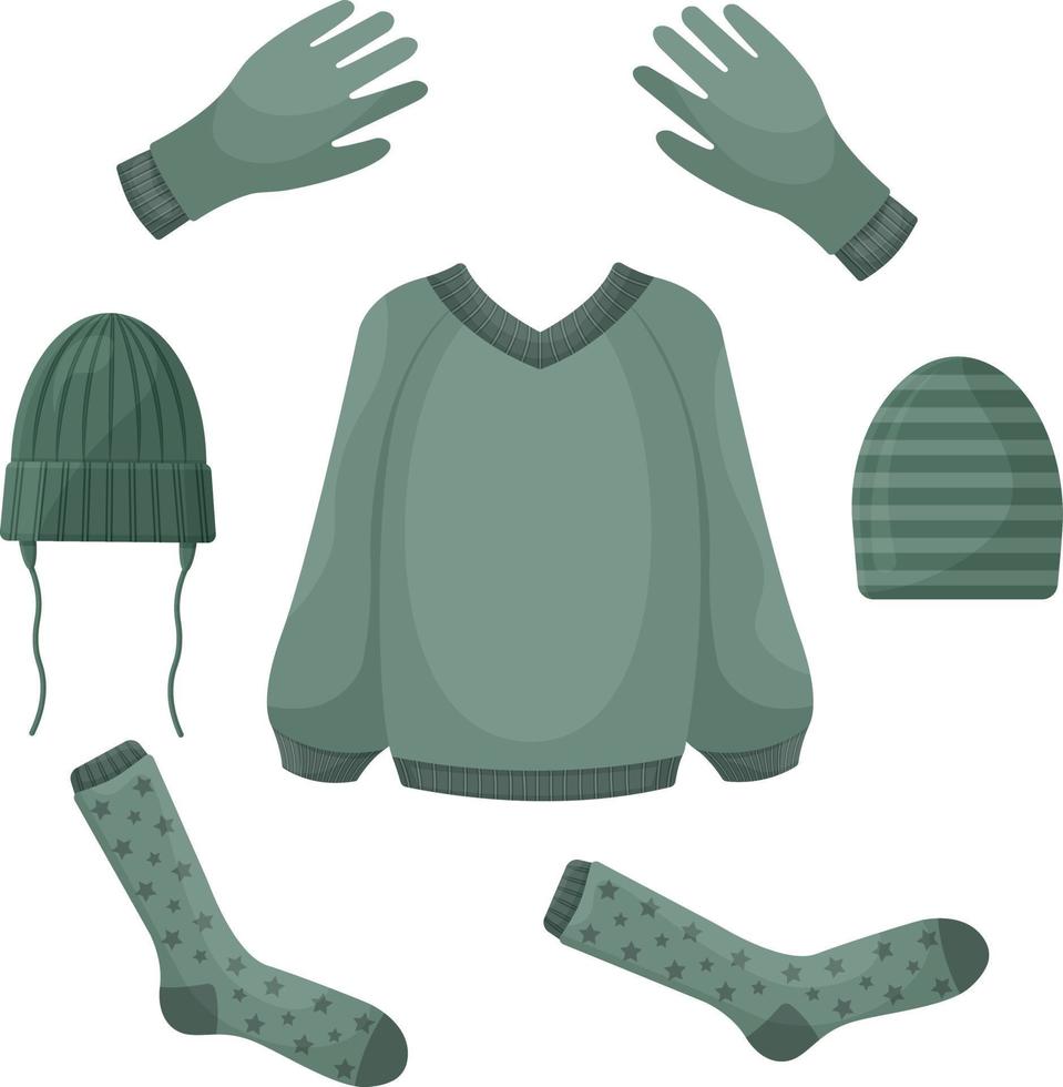 A set consisting of warm autumn clothes, such as a sweater,gloves, warm socks and hats. Autumn set of clothes for walking in cold weather. Vector illustration on a white background