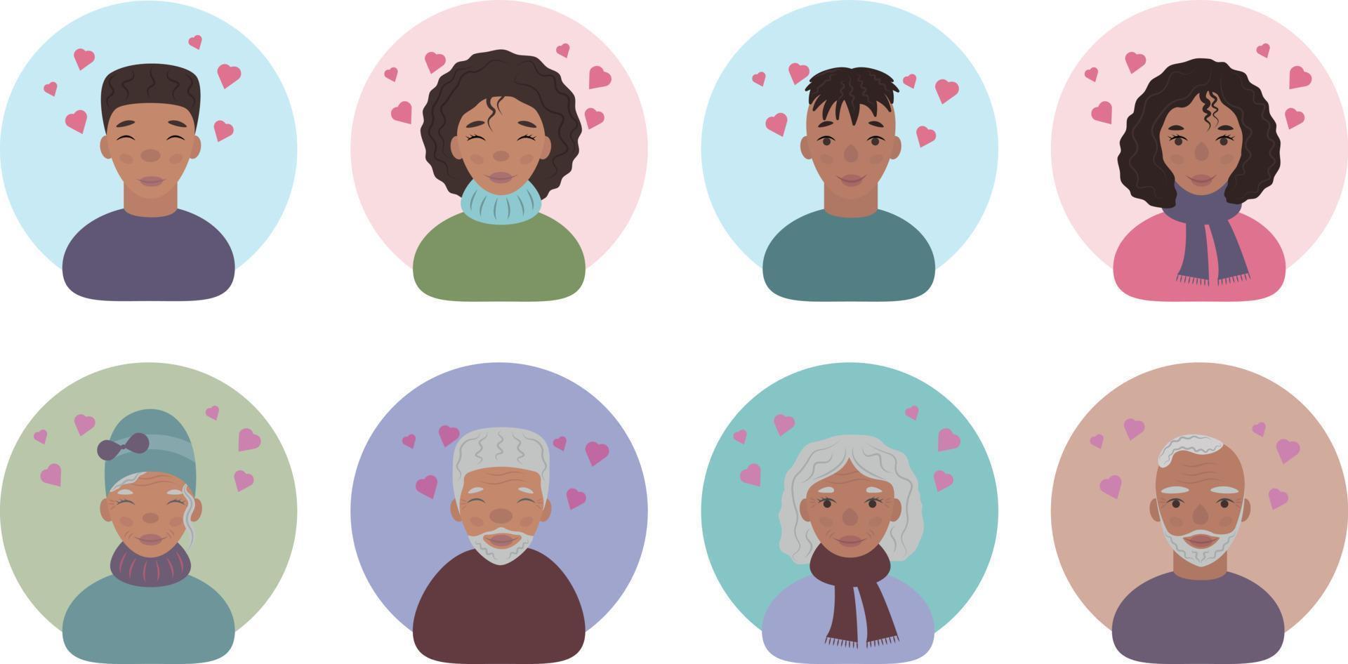 The faces of lovers of dark-skinned young and elderly people. Avatars of happy lovers of dark-skinned men, women and old people. Portraits of smiling people on Valentine s Day. Funny faces. vector