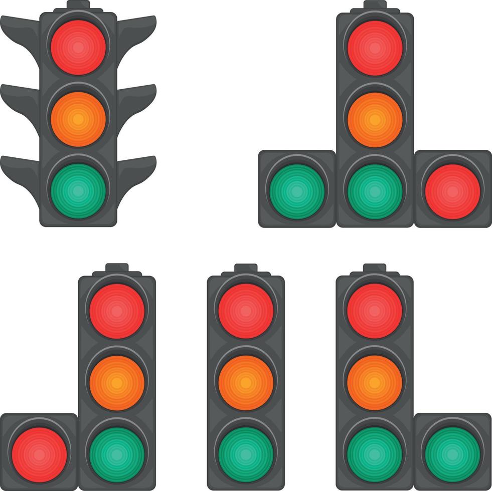 Traffic lights with forbidding, permitting and waiting signs. A set of traffic lights with red, yellow and green signals. Equipment for traffic control. Vector illustration on a white background