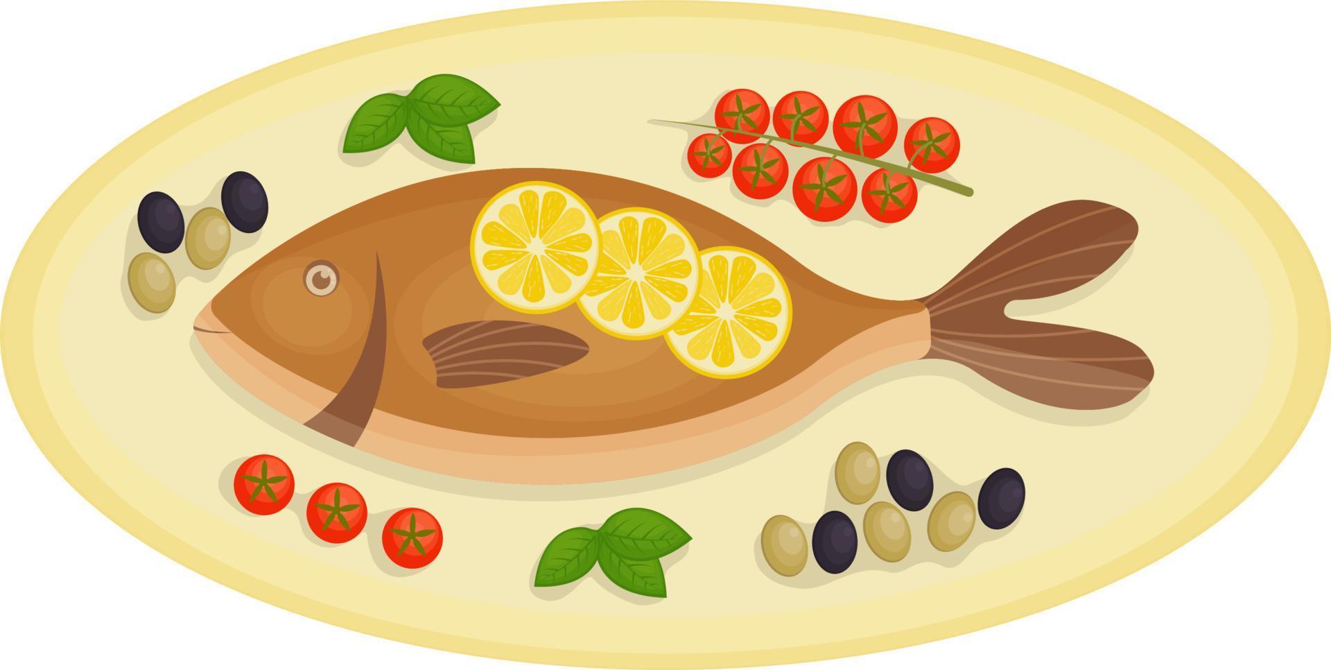 Delicious baked dorado fish, served on an oval plate with cherry tomatoes, olives and lemon, as well as basil leaves. A traditional dish of Mediterranean cuisine. Vector illustratio.