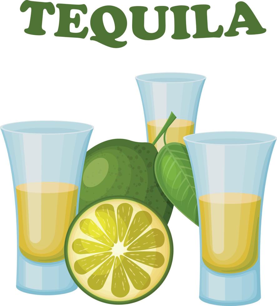 Tequila. The image of tequila in glasses. Glasses with tequila and sliced lime. Alcoholic beverage, vector illustration isolated on a white background