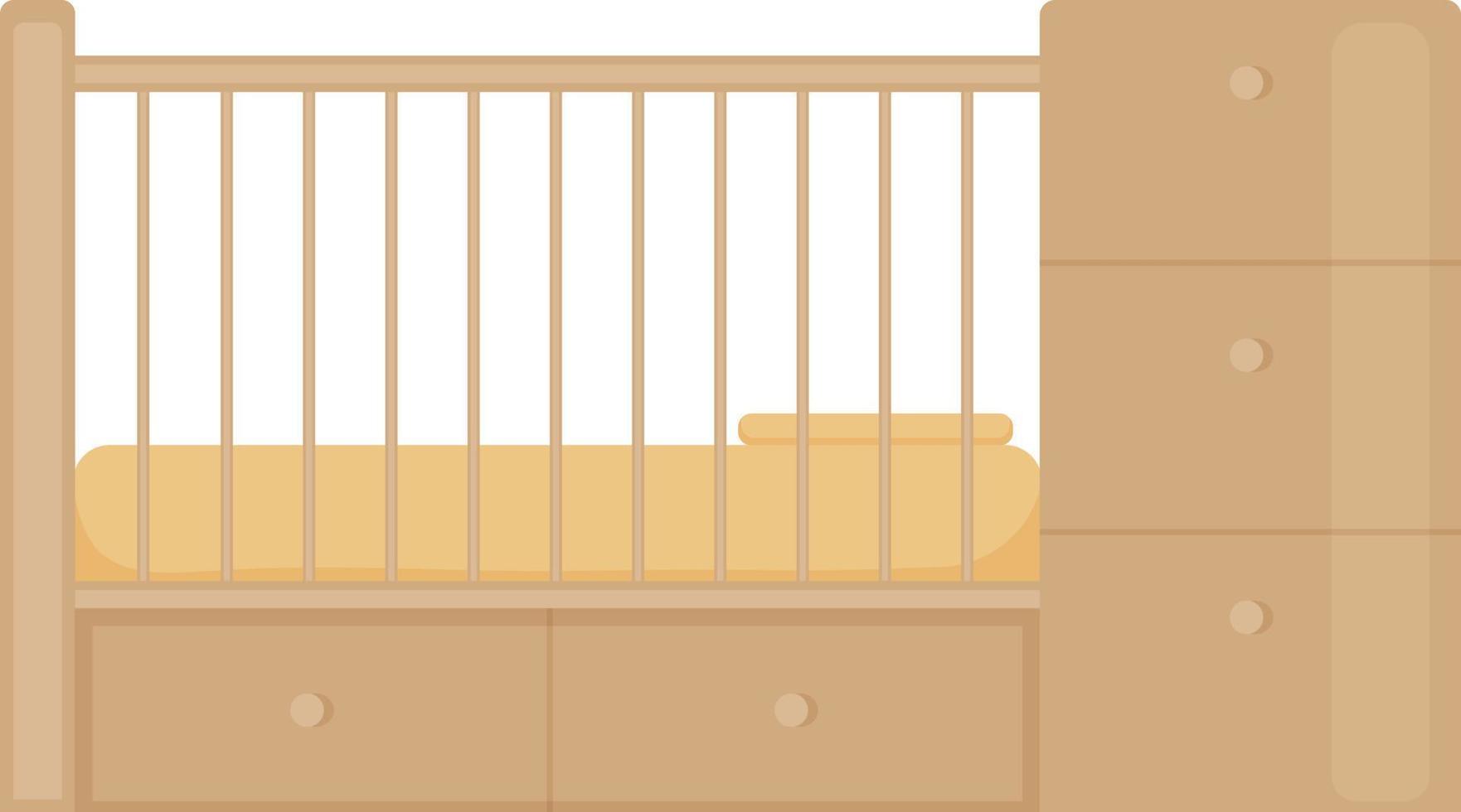 Children s wooden crib. A bed for kids with drawers. Children s wooden furniture for newborns. Vector illustration isolated on a white background