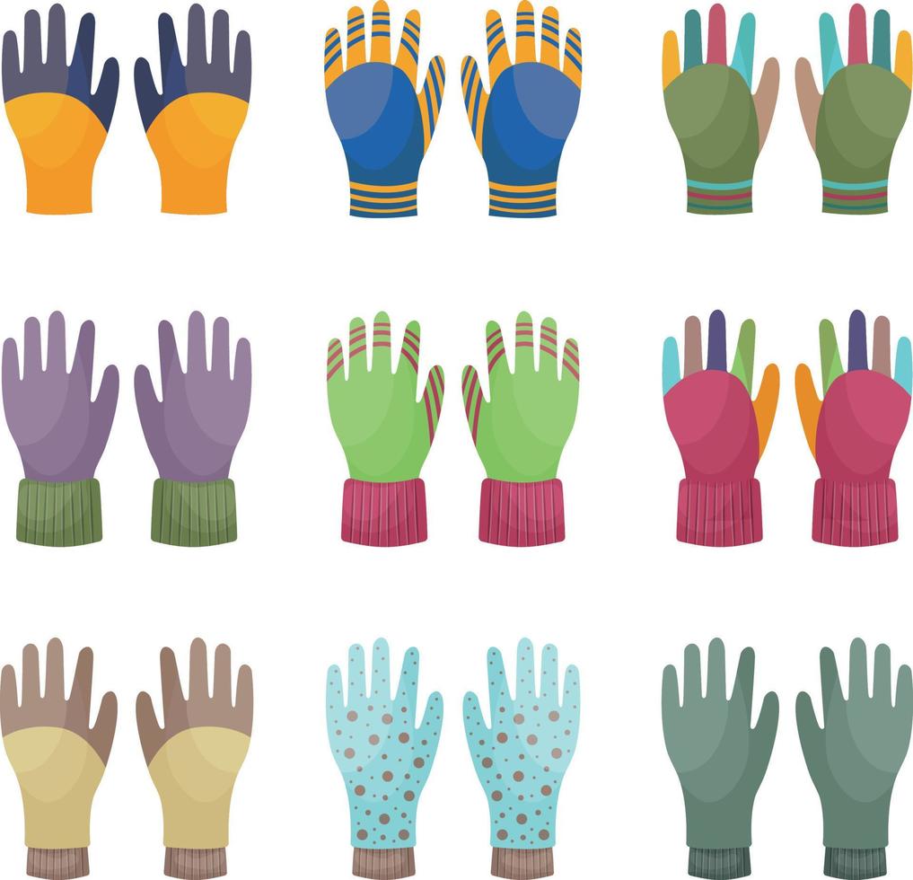 un conjunto grande con cálidos guantes de punto de otoño de diferentes colores. guantes brillantes para proteger tus manos del frío, para caminar en otoño e invierno. ilustración vectorial sobre un fondo blanco vector