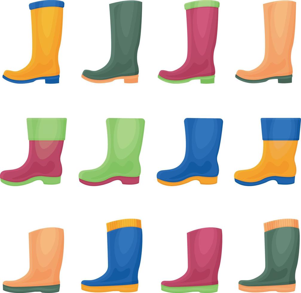A large set with the image of rubber boots of various colors and shapes. Rubber shoes for walking in rainy autumn weather. Silicone boots for dirty roads. Vector illustration
