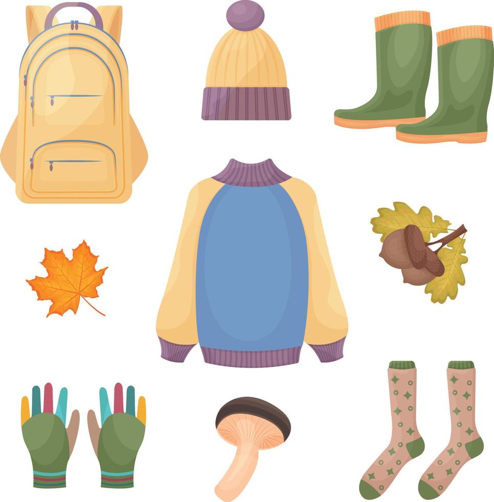 A bright large set consisting of autumn accessories, a warm sweater and hat, rubber boots, gloves, warm socks, as well as a mushroom, a yellow maple leaf and ripe acorns. Autumn symbols. Vector