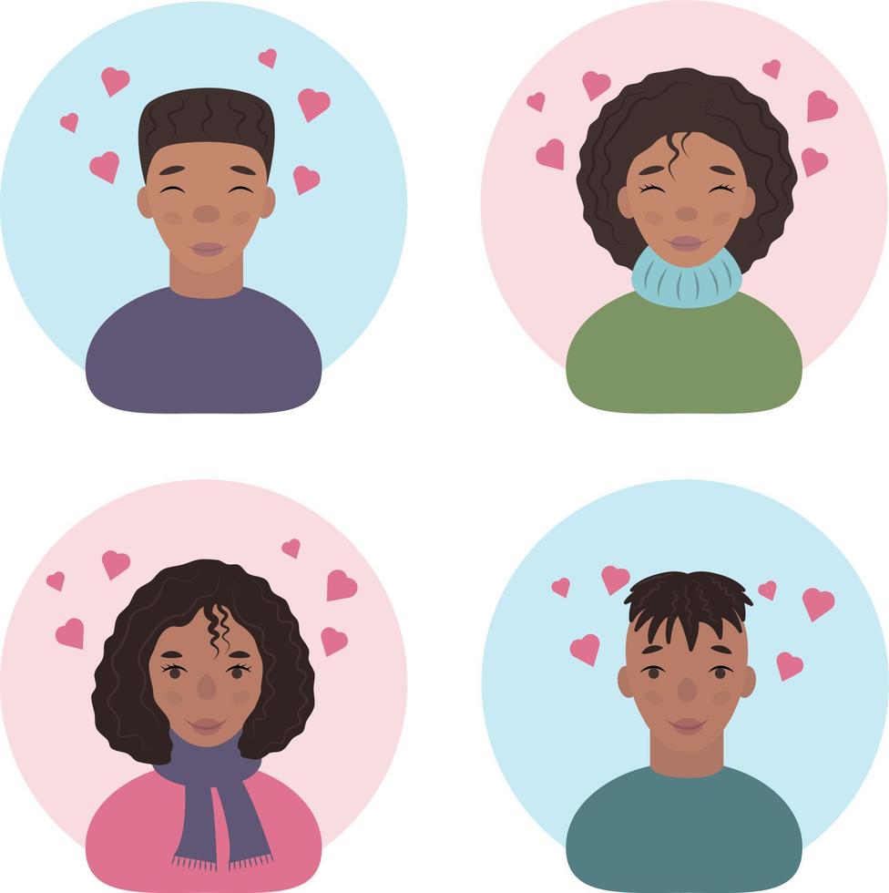 The faces of dark-skinned people. Avatars of happy black men and women. Portraits of smiling people on Valentine s Day. Funny faces with hearts above their heads. Vector illustration