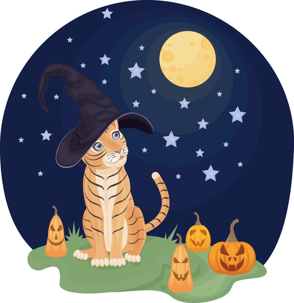 An illustration depicting a cute tiger cub in a witch s hat sitting on the grass surrounded by pumpkins, lanterns, Halloween symbols, against the background of the night sky with the moon and stars vector