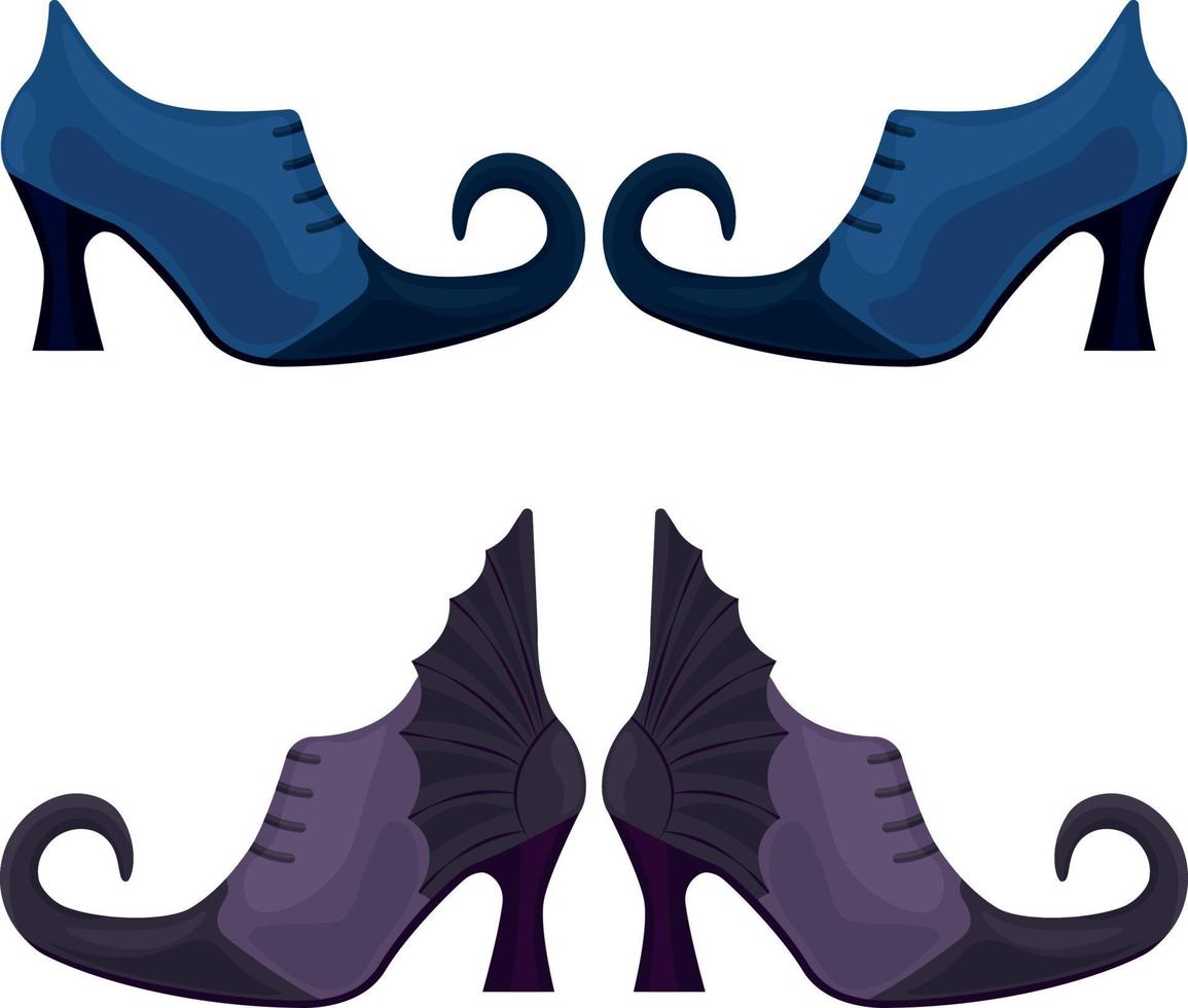 The witch s shoes are blue-black and purple with pointed toes. The witch s shoes, a symbol of Halloween. Vector illustration isolated on a white background