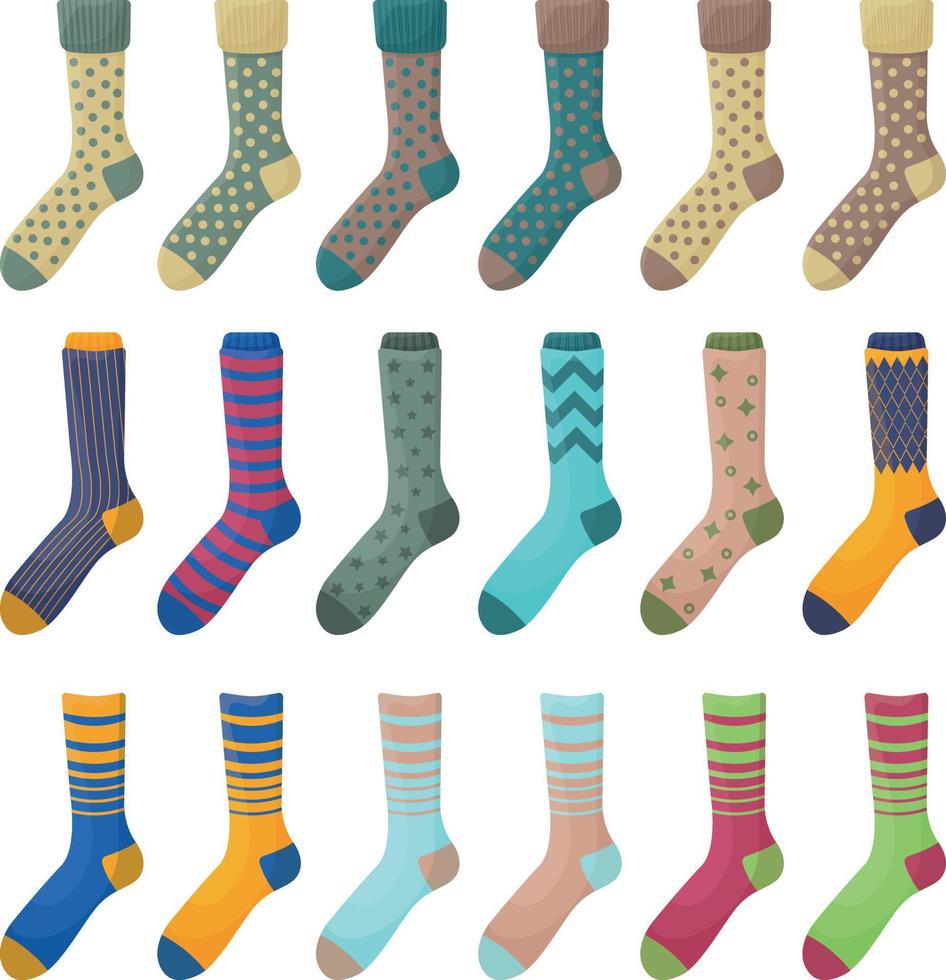A large set with the image of warm socks in various colors and shapes. Insulated socks for walking in cold autumn weather. A warm accessory for cold weather. Vector illustration