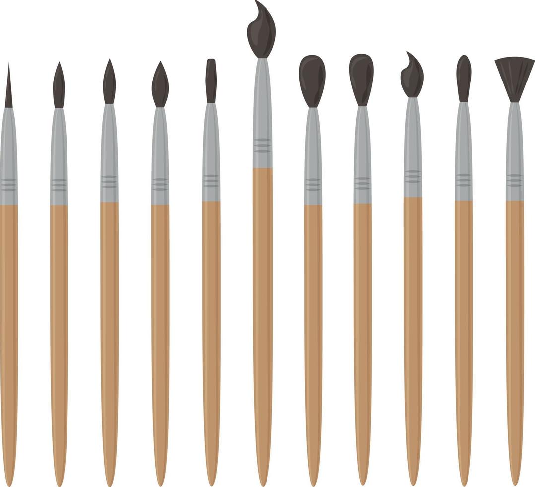 A large set of different brushes for drawing and creativity. Brushes for school children and artists. A set of office supplies. Vector illustration isolated on a white background