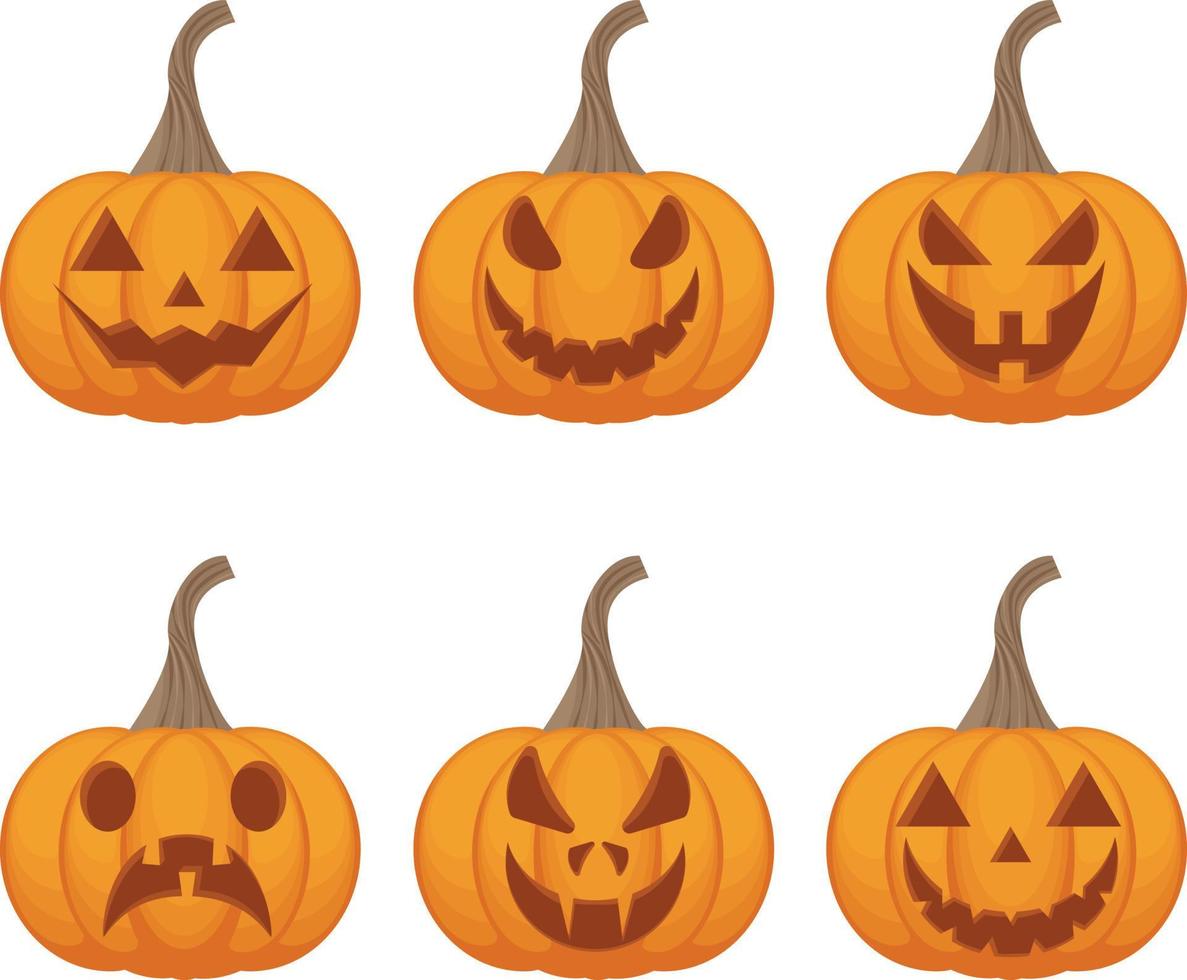 festive set with the image of Jack-o-lanterns pumpkins. Pumpkins are the symbol of the Halloween holiday in orange color with various emotions. Orange is an attribute of All Saints Day vector
