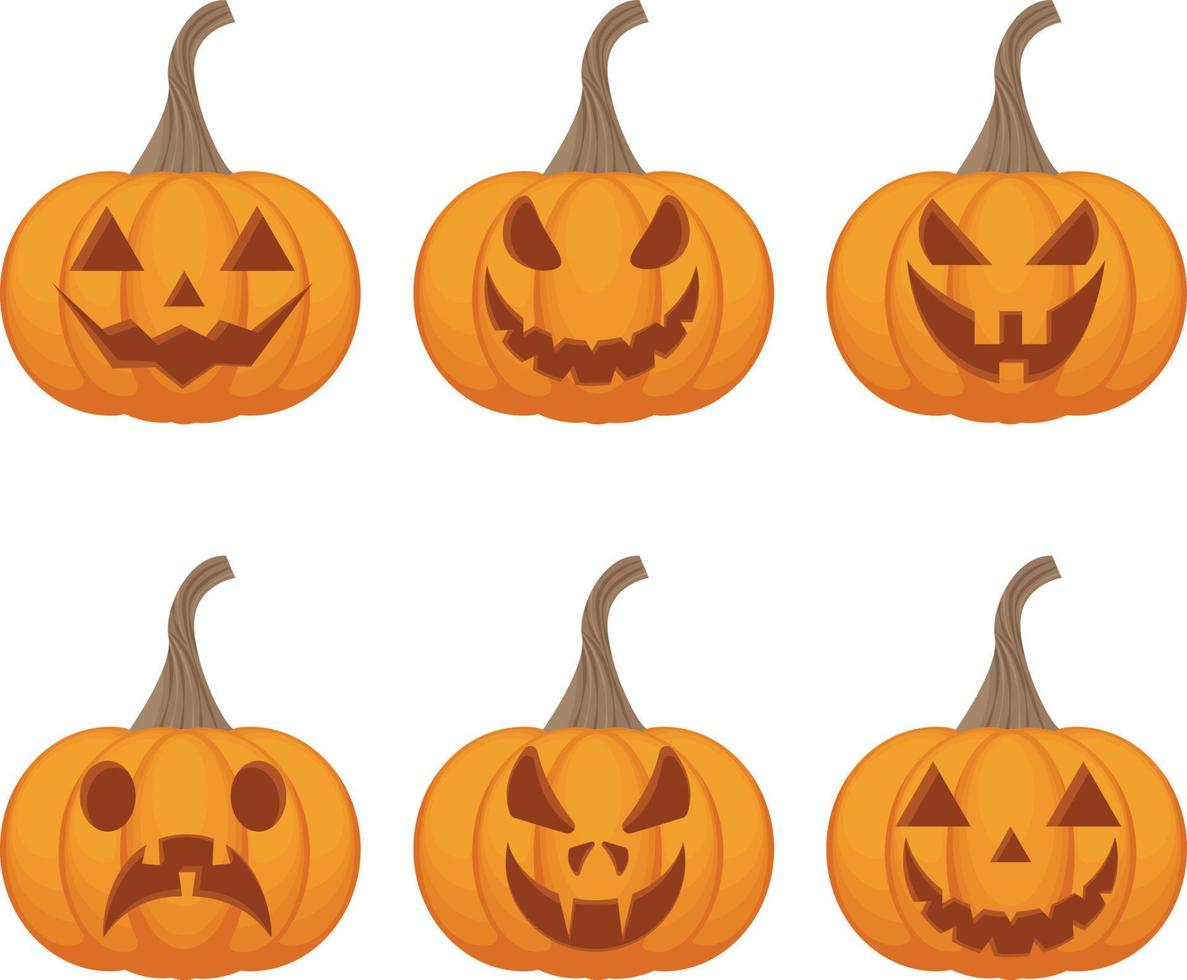 conjunto festivo con la imagen de calabazas jack-o-lanterns. las calabazas son el símbolo de la festividad de halloween en color naranja con varias emociones. naranja es un atributo del día de todos los santos vector