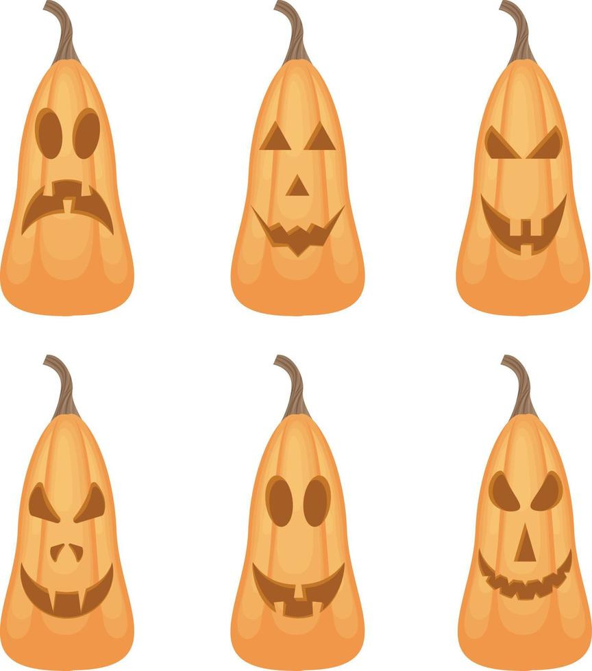 A bright festive set with the image of emotional pumpkins of Halloween symbols. Orange pumpkins of elongated shape with different emotions. Scary Jack-o-lantern facial expressions. Vector