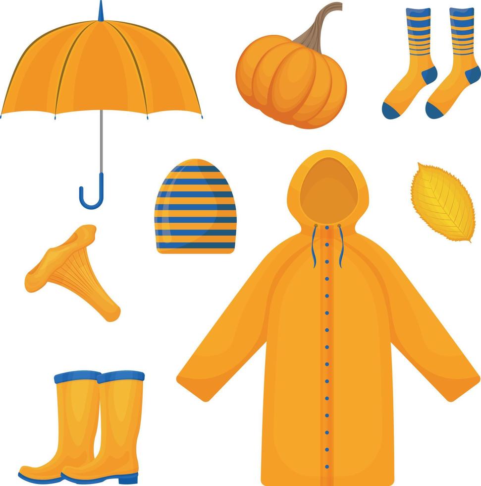 un conjunto grande y brillante que consta de accesorios de otoño, como un paraguas, impermeable, calcetines cálidos, botas de goma, calabaza, hoja amarilla de otoño y también un hongo. símbolos de otoño. ilustración vectorial vector