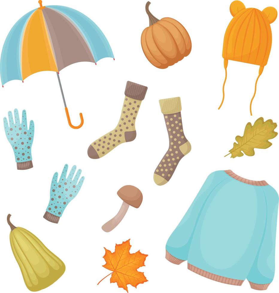 patrón transparente de otoño brillante con la imagen de símbolos de otoño, como un suéter caliente, calcetines, guantes, sombrero, paraguas, champiñones maduros y calabaza, así como paraguas y hojas caídas. vector