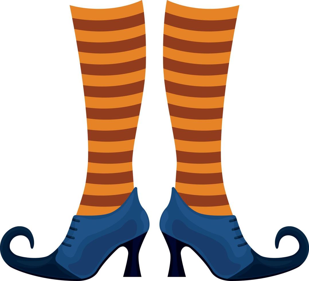 Witch boots of lilac color with pointed noses in striped orange socks. The witch s shoes, a symbol of Halloween. Vector illustration isolated on a white background