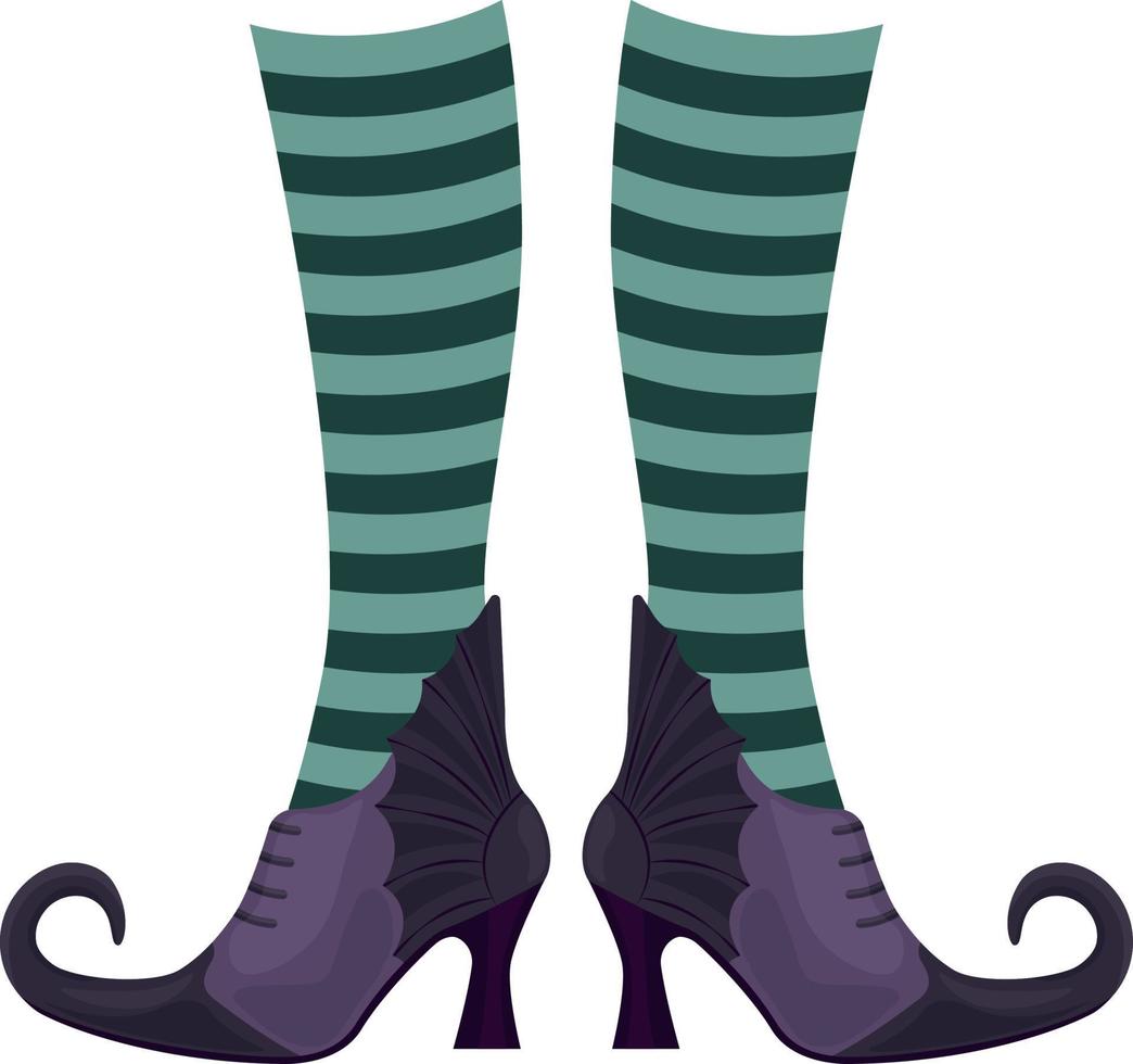 Witch boots of lilac color with pointed noses in striped socks. The witch s shoes, a symbol of Halloween. Vector illustration isolated on a white background