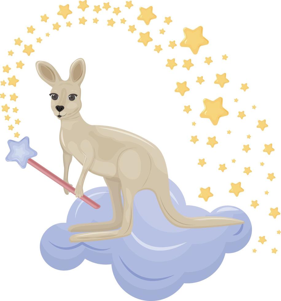 A bright cute children s illustration with the image of a cute kangaroo sitting on a cloud surrounded by stars and holding a magic wand in its paws. Children s illustration for a print. Vector