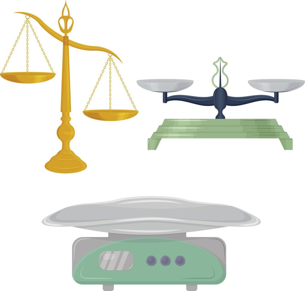 Scales of various shapes and purposes. Libra of Themis. Jewelry scales and medical scales for weighing babies. Vector illustration on a white background